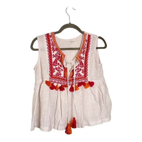 THML White Pink Orange Embroidered Tassel Boho Peplum Top Preppy Hippie Small - Picture 2 of 6